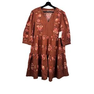 Fig Flower Tiered Dress sz L Rust Brown Floral Boho lagen look cottage core